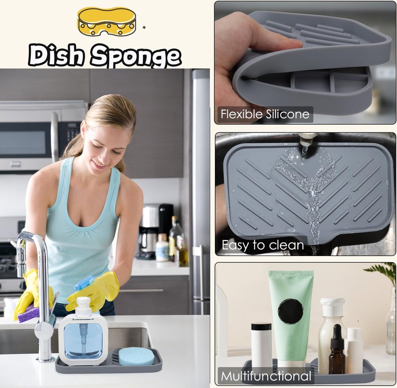 Yasmen Silicone Bathroom Soap Dishes, Sink Sponge Holder for Kitchen, Rubber Soap Dish with Drain, Shower Soap Sponge Tray, Sink or Counter Organizer, for Bar Soap, Bottle, Dish Soap Dispenser-Grey - Image 4